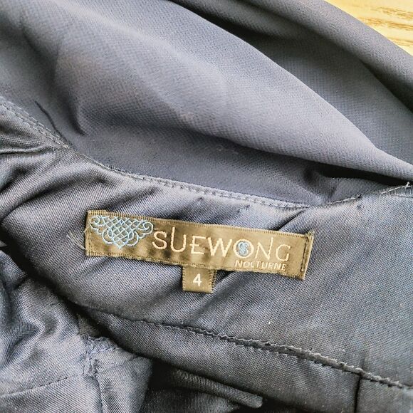 Sue Wong Evening Gown 4 Navy Blue  Beaded Embroidered Lace Boat Neck Open‎ Back - Picture 5 of 9